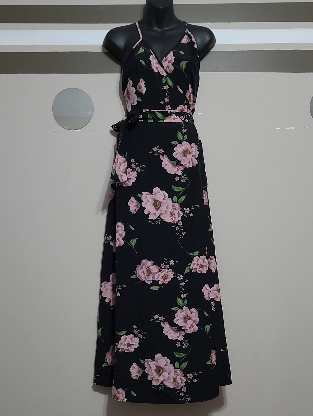NWOT SHIEN Black/Pink Peony Floral Wrap Spaghetti Strap Maxi Dress Sz Large